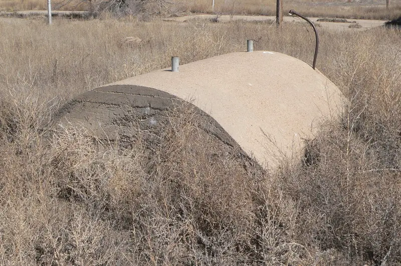 A rounded concrete storm cellar with a vent pipe, surrounded by tall dry grass